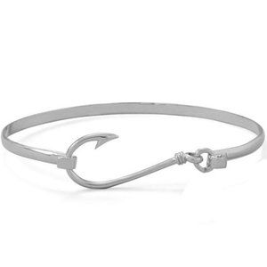 .925 Sterling Silver Rhodium Plated Fish Hook Bangle Bracelet
